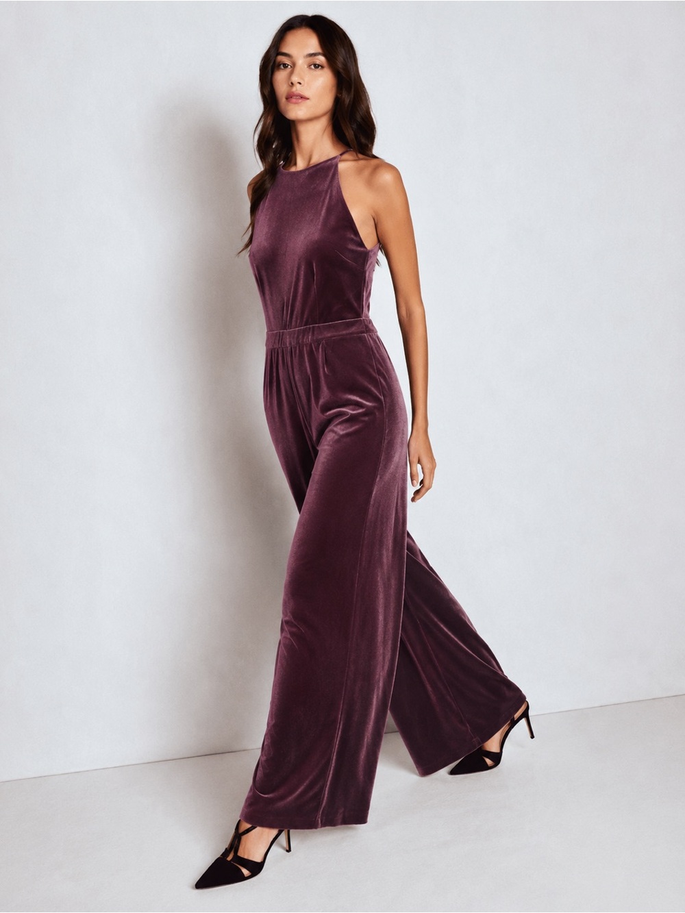 Boden Velvet Halter Jumpsuit‎ Mauve Purple Wide Leg Size 10P